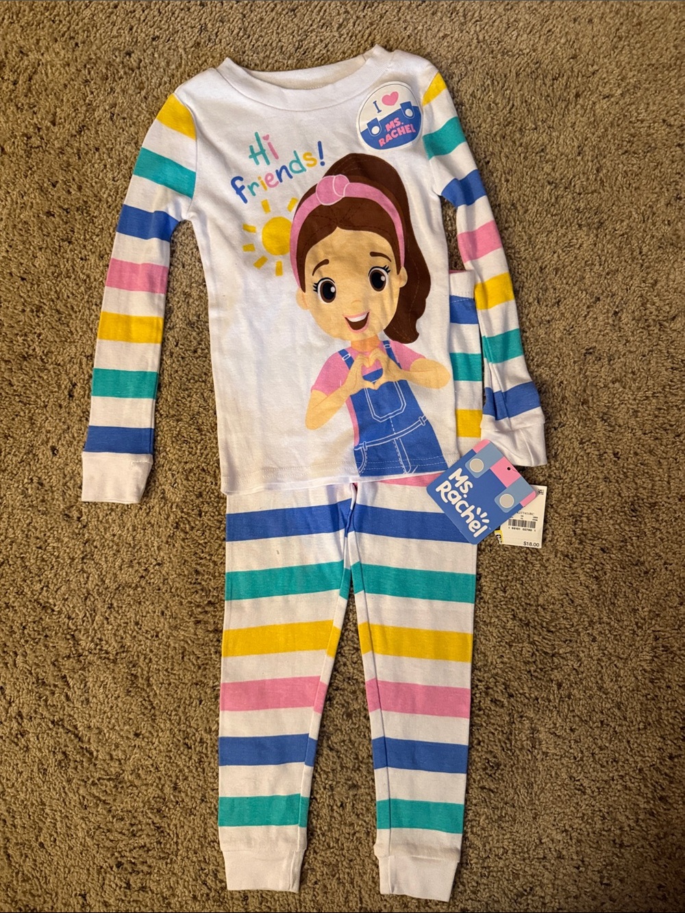 Ms.Rachel White Pajama Set with Multicolor Stripes and Character